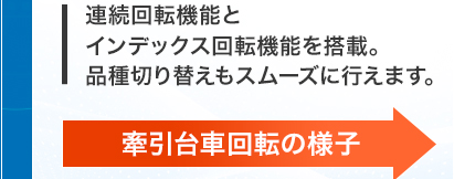 連続回転機能とインデックス回転機能を搭載。品種切り替えもスムーズに行えます。/牽引台車回転の様子