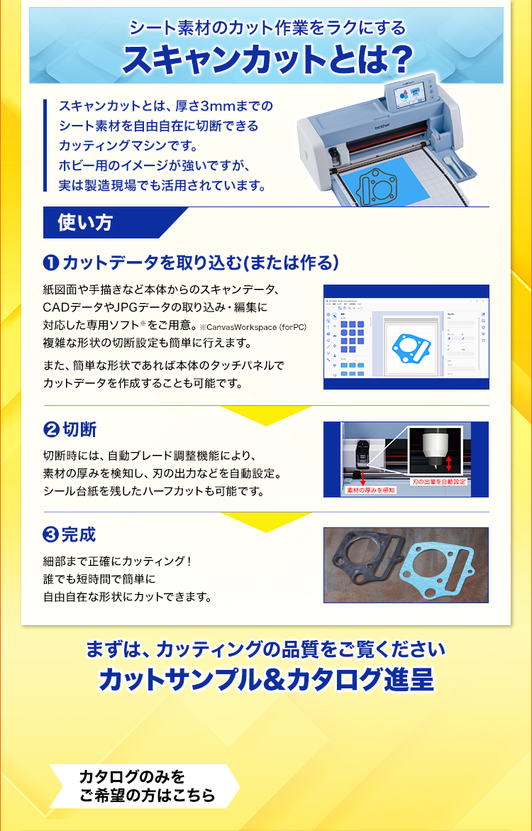 シート素材のカット作業をラクにするスキャンカットとは？/スキャンカットとは、厚さ3mmまでのシート素材を自由自在に切断できるカッティングマシンです。/ホビー用のイメージが強いですが、実は製造現場でも活用されています。/使い方/1.カットデータを取り込む（または作る）/2.切断/3.完成/まずは、カッティングの品質をご覧ください/カットサンプル&カタログ進呈/カタログのみをご希望の方はこちら