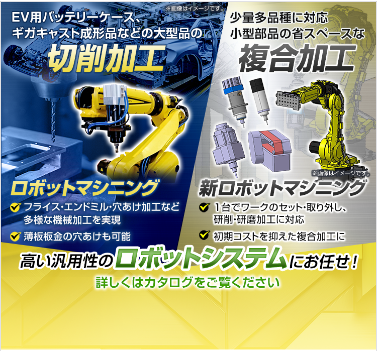 EV用バッテリーケース、ギガキャスト成形品などの大型品の切削加工/ロボットマシニング/少量多品種に対応/小型部品の省スペースな複合加工/新ロボットマシニング/高い汎用性のロボットシステムにお任せ！/詳しくはカタログをご覧ください。