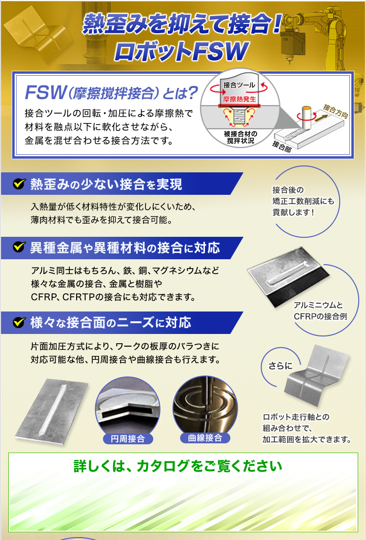 熱歪みを抑えて接合/ロボットFSW/熱歪みの少ない接合を実現/異種金属や異種材料の接合に対応/様々な接合面のニーズに対応/