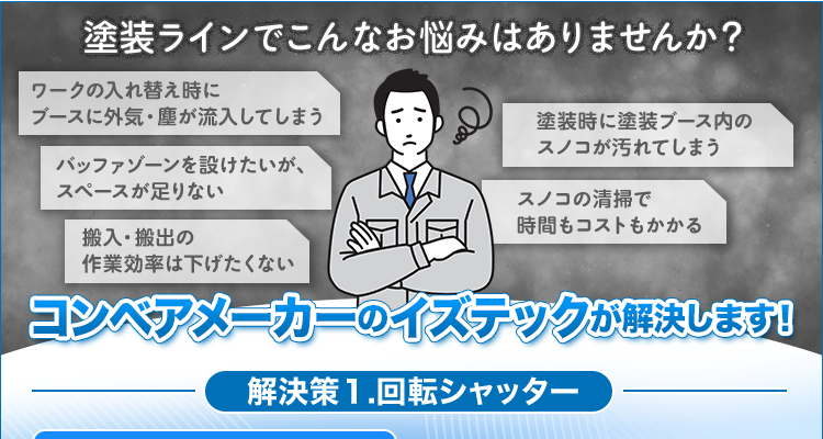 塗装ラインでこんなお悩みはありませんか?
/ワークの入れ替え時にブースに外気・塵が流入してしまう/バッファゾーンを設けたいが、スペースが足りない/搬入搬出の作業効率は下げたくない/塗装時に塗装ブース内のスノコが汚れてしまう/スノコの清掃で時間もコストもかかる
