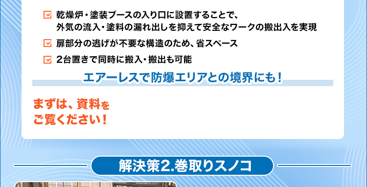 乾燥炉・塗装ブースの入り口に設置することで、
外気の流入・塗料の漏れ出しを抑えて安全なワークの搬出入を実現/扉部分の逃げが不要な構造のため、省スペース/2台置きで同時に搬入・搬出も可能/エアーレスで防爆エリアとの境界にも!